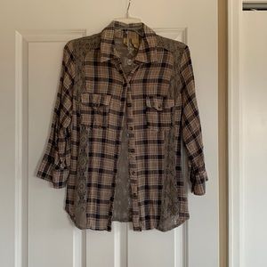 BKE Blue/Brown/Sage plaid shirt with crochet detail.